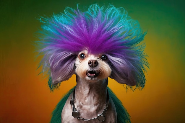 Cane divertente con parrucca su sfondo colorato