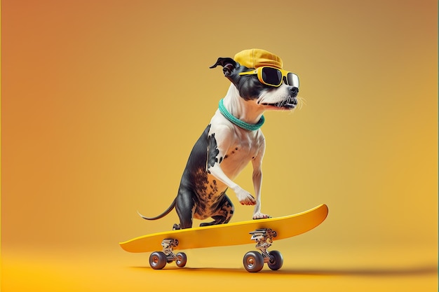 cane divertente, cucciolo su skateboard, isolato su sfondo giallo