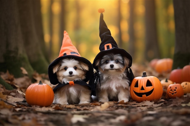 Cane divertente decorato con oggetti di scena per foto si siede vicino a zucche arancioni per Halloween
