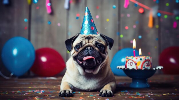 Cane divertente felice che indossa un cappello da festa, biglietto di festa di compleanno, animali domestici felici, spazio di copia, cane carino.