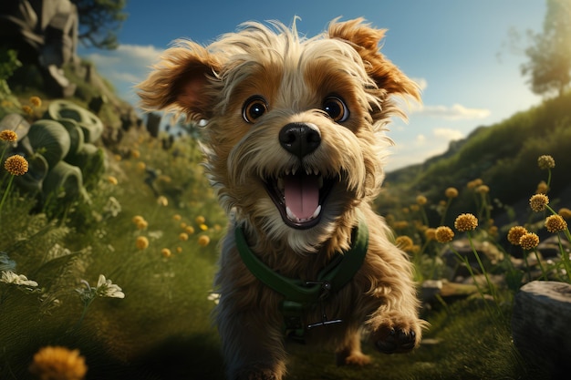 Cane divertente sorridente che cammina sull'erba verde