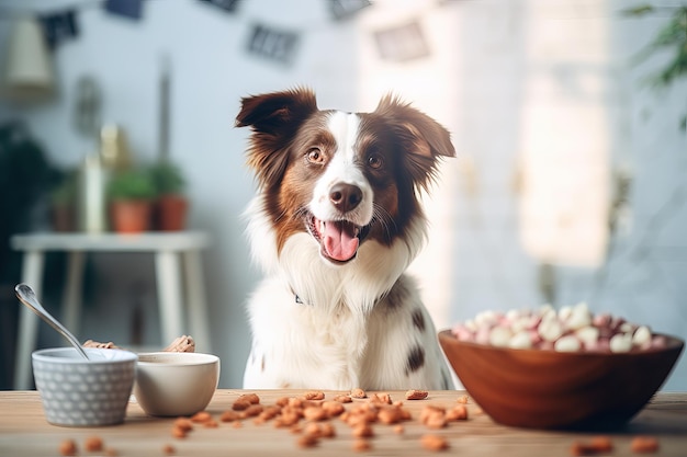Cane domestico felice accanto a una ciotola di cibo