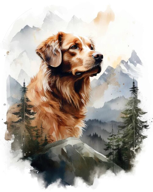 Cane Doppia esposizione di un cane e alberi di montagne della natura nell'arte dell'acquerello