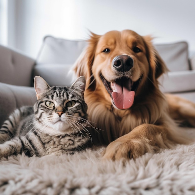 Cane e gattino soriano seduti insieme sul pavimento di legno
