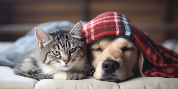 Cane e gatto adorabili e amichevoli si stanno scaldando con un cappello e sotto una coperta calda