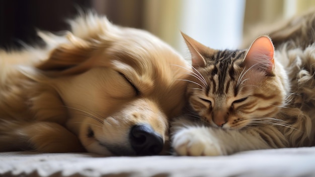 Cane e gatto che dormono insieme Animali domestici IA generativa