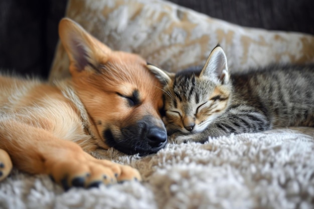 Cane e gatto che dormono insieme sul divano