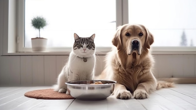 Cane e gatto che mangiano cibo dalla ciotola a casa