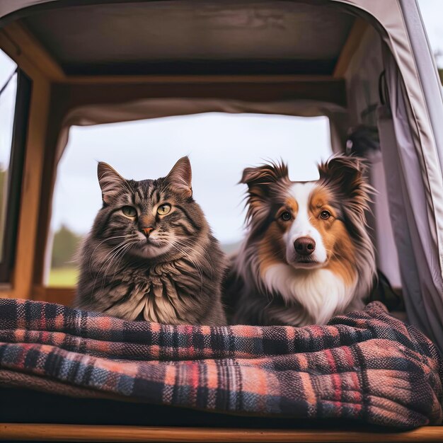 Cane e gatto divertenti che viaggiano insieme all'interno di un camper RV con una coperta