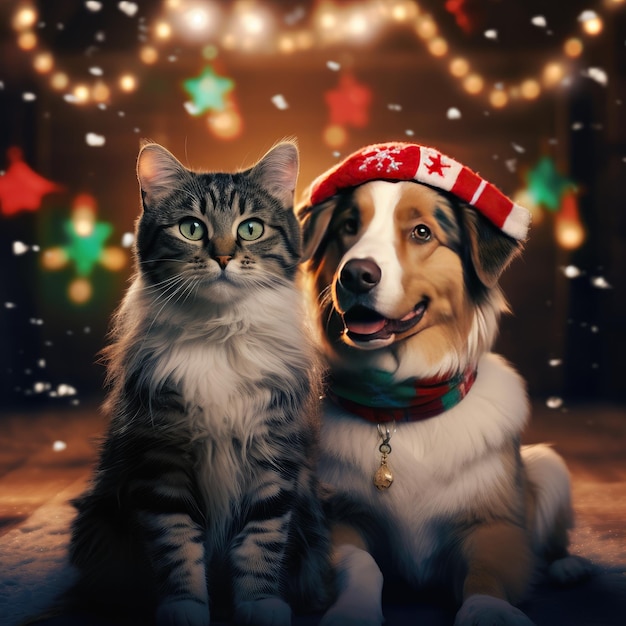 Cane e gatto festeggiano insieme il Natale Ai Generative