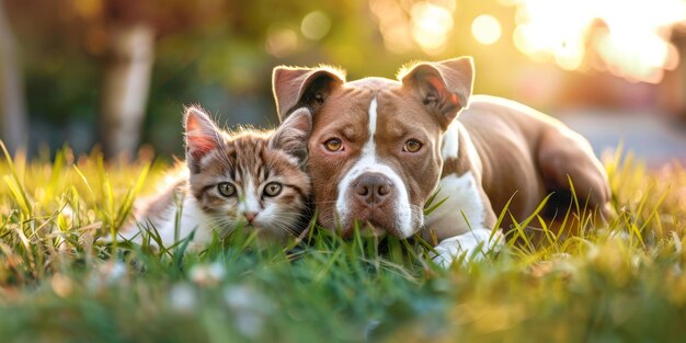 cane e gatto sdraiati sull'erba AI generativa