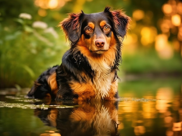 Cane e il suo riflesso in uno stagno calmo