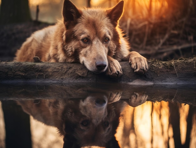 Cane e il suo riflesso in uno stagno calmo