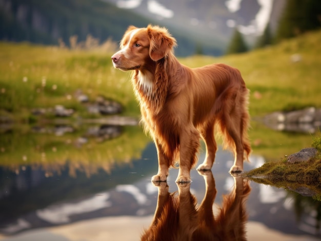Cane e il suo riflesso in uno stagno calmo