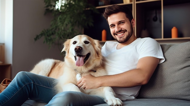 Cane e uomo felici insieme, amici delle persone a casa