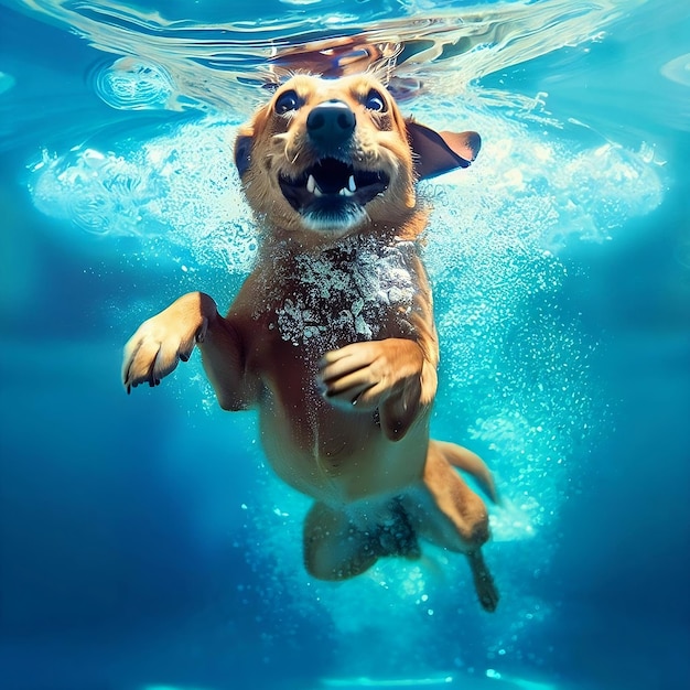 Cane esilarante che salta in una piscina sott'acqua pulita