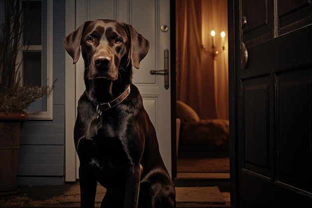 Cane fedele che aspetta pazientemente davanti alla porta d'ingresso