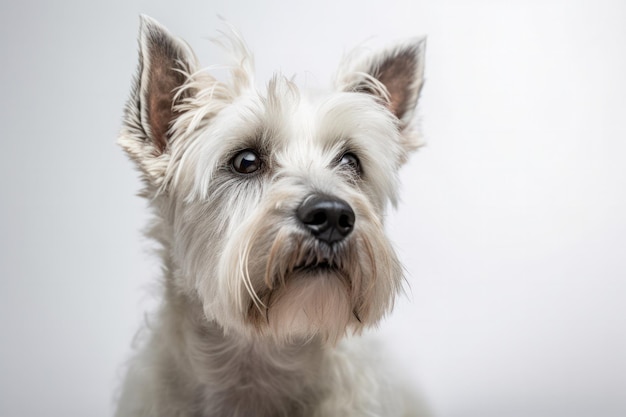 Cane fedele e leale seduto su sfondo bianco per studio