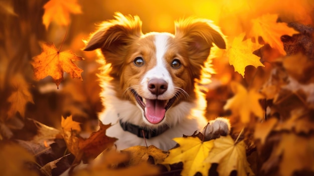 Cane felice che cammina nel parco in autunno bella natura arancione che cade foglie generate ai