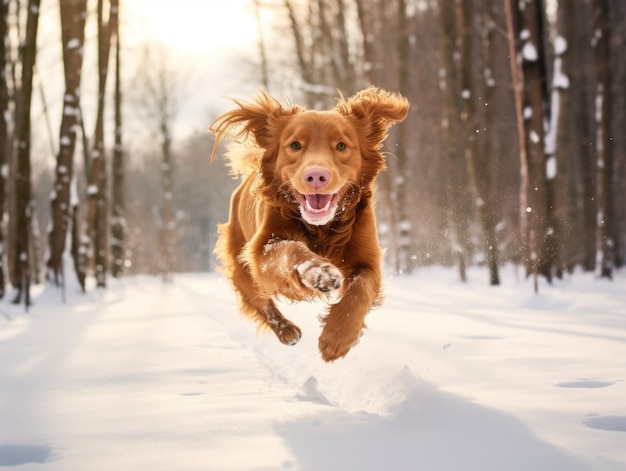 Cane felice che corre attraverso la neve