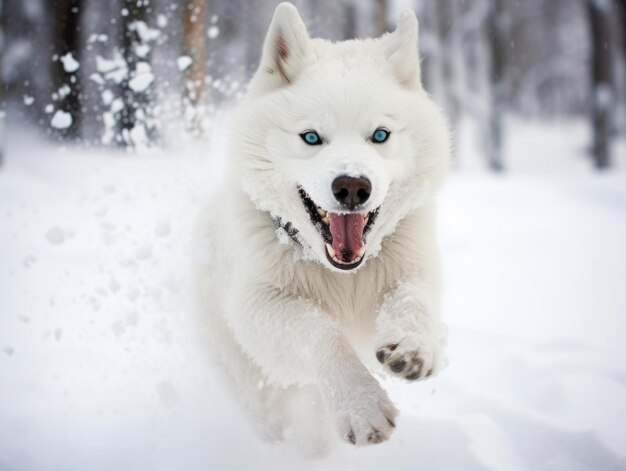 Cane felice che corre attraverso la neve