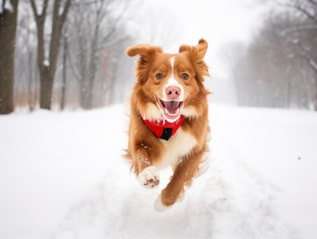 Cane felice che corre attraverso la neve