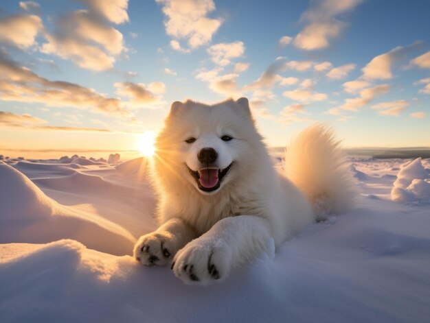 Cane felice che corre attraverso la neve