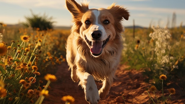 cane felice che corre nel campo