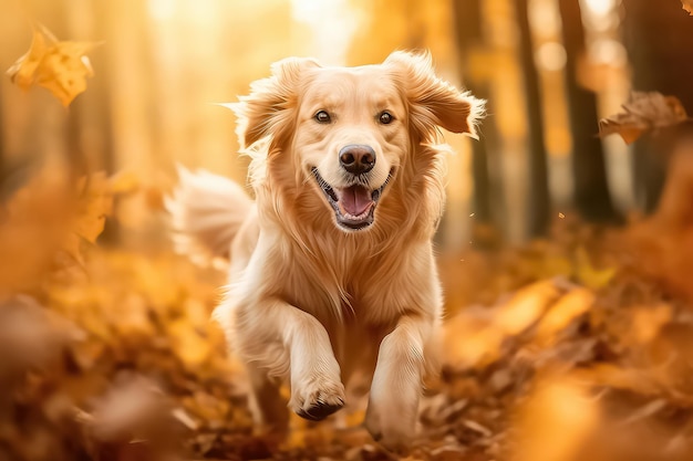 Cane felice che corre nella foresta d'autunno