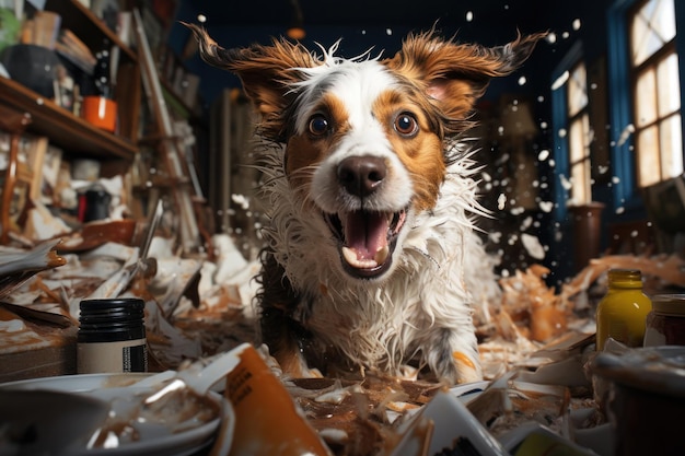 Cane felice che ha distrutto la cucina in assenza dei suoi proprietari