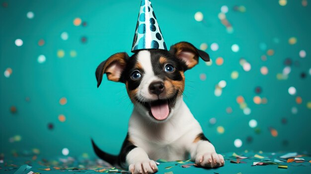 Cane felice che indossa un cappello da festa che celebra a una festa di compleanno