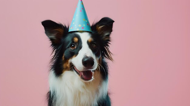 Cane felice che indossa un cappello da festa su uno sfondo rosa