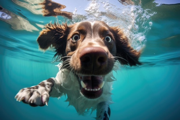 Cane felice che si tuffa sott'acqua in piscina Cane carino e attivo che si diverte nelle vacanze estive