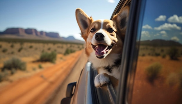 Cane felice con la testa fuori dal finestrino dell'auto che si diverte Generative Ai