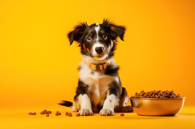 Cane felice con una ciotola di cibo su sfondo giallo