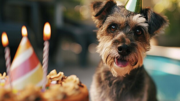 Cane felice e carino che indossa un cappello da festa che celebra a una festa di compleanno AI Generative