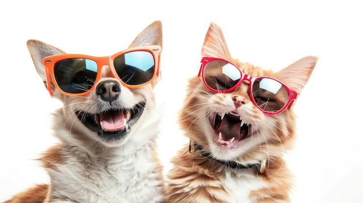 Cane felice e gatto con occhiali da sole che ridono isolati su uno sfondo bianco concetto di animale sorridente felice