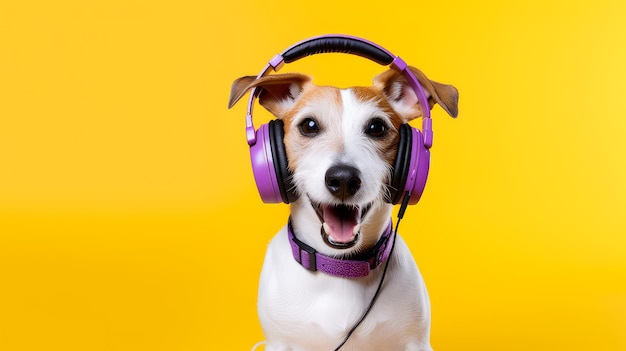 Cane felice e soddisfatto ascolta musica con le cuffie mentre è in vacanza o si rilassa su uno sfondo giallo