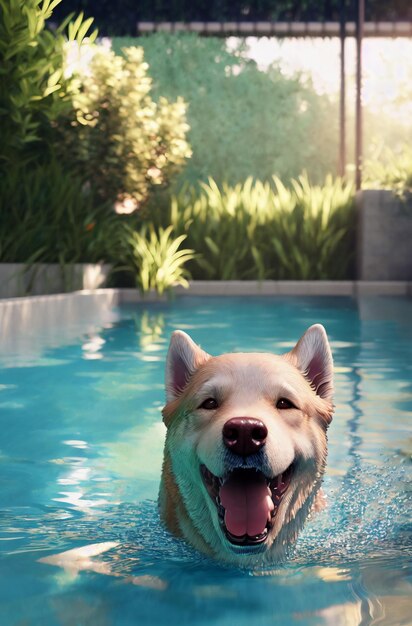 Cane felice in piscina Affascinante animale domestico che nuota in piscina con tempo soleggiato IA generativa