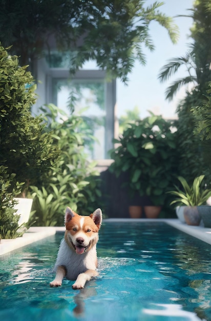 Cane felice in piscina Affascinante animale domestico che nuota in piscina con tempo soleggiato IA generativa