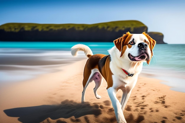 Cane felice in spiaggia con palla