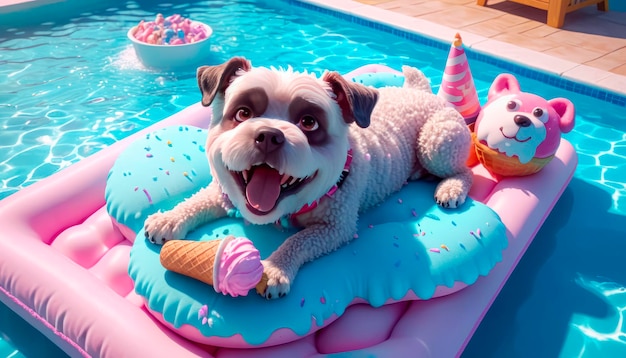 Cane felice in vacanza in piscina Cane carino che nuota su un materasso in piscina