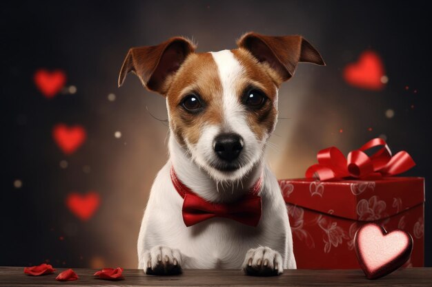 Cane felice Jack Russell sullo sfondo dei cuori rossi biglietti di auguri