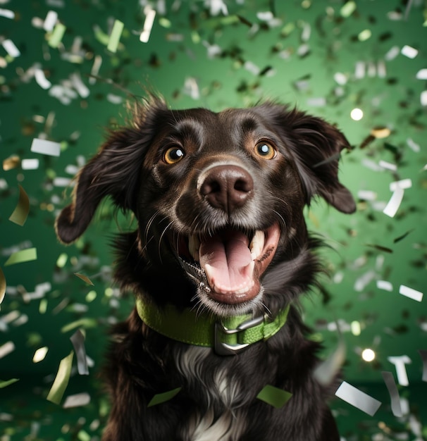 Cane felice sullo sfondo scintillante di confetti verdi