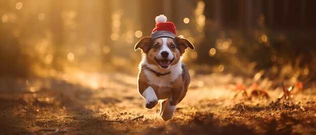 Cane festivo con un cappello di Natale nella foresta