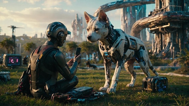 cane futuristico che gioca con il proprietario del robot nel parco in stile cyberpunk