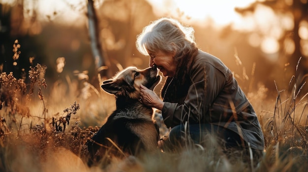 Cane giocoso e suo proprietario in natura pragma all'aperto