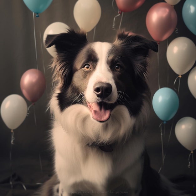 Cane gioioso che indossa un cappello di compleanno luminoso