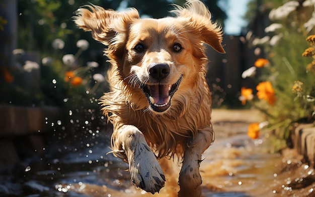 Cane Golden Retriever che corre nell'ora d'oro