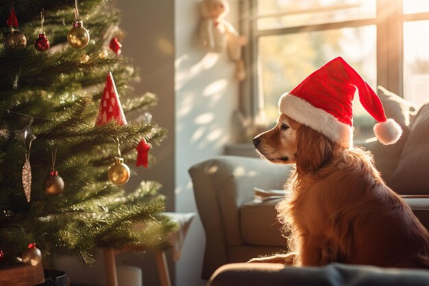 Cane golden retriever con cappello di Babbo Natale con albero di Natale sullo sfondo AI Contenuto generato